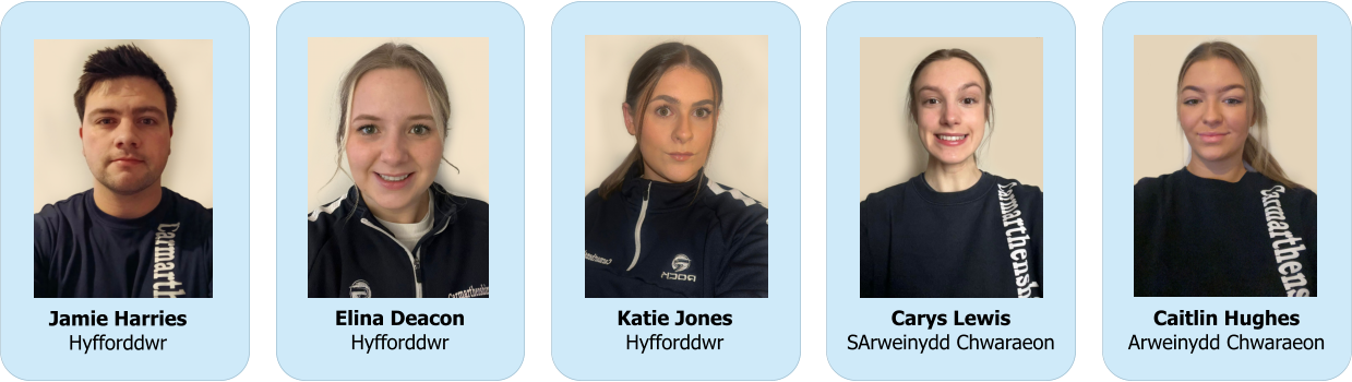 Jamie Harries Hyfforddwr   Elina Deacon Hyfforddwr  Katie Jones Hyfforddwr   Carys Lewis SArweinydd Chwaraeon  Caitlin Hughes Arweinydd Chwaraeon