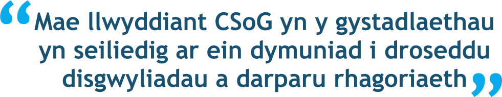 Mae llwyddiant CSoG yn y gystadlaethau yn seiliedig ar ein dymuniad i droseddu  disgwyliadau a darparu rhagoriaeth “ “